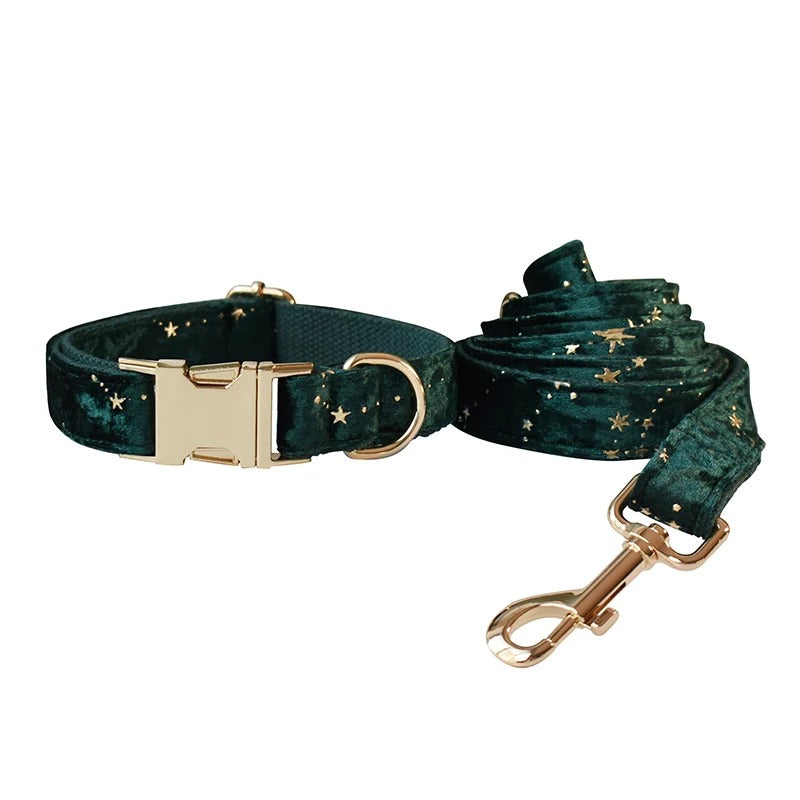 Starry Night Emerald Green Velvet with Detachable Bow Tie Personalized Leash Set