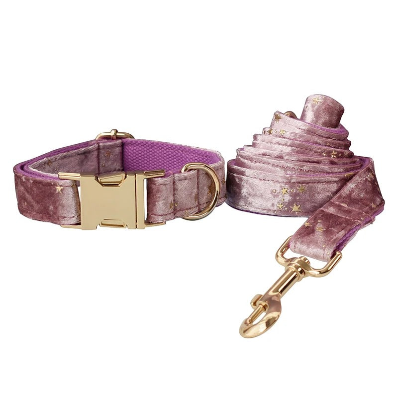 Starry Night Lilac Rose Collar with Detachable Bow Tie Personalized Leash Set