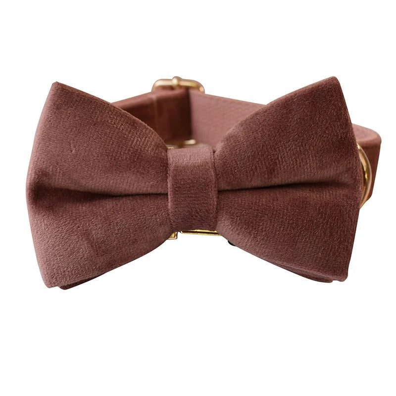 Taupe Brown Velvet Dog Collar with Detachable Bow Tie - Personalized