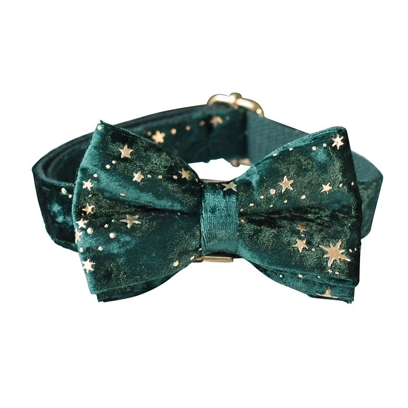 Starry Night Emerald Green Velvet with Detachable Bow Tie Personalized Leash Set