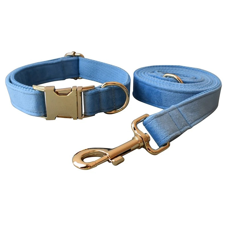 Cerulean Blue Velvet Collar with Detachable Bow Tie Personalized Leash Set