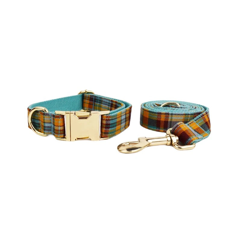 Tailored Checkered Pattern Harness and Leash Set with Personalized Engraving