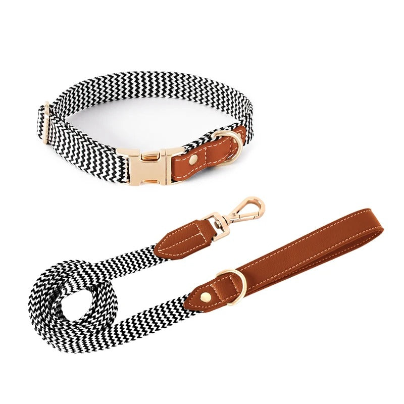 Prime Zigzag Soft Neck Webbing Leather Collar & Leash Set