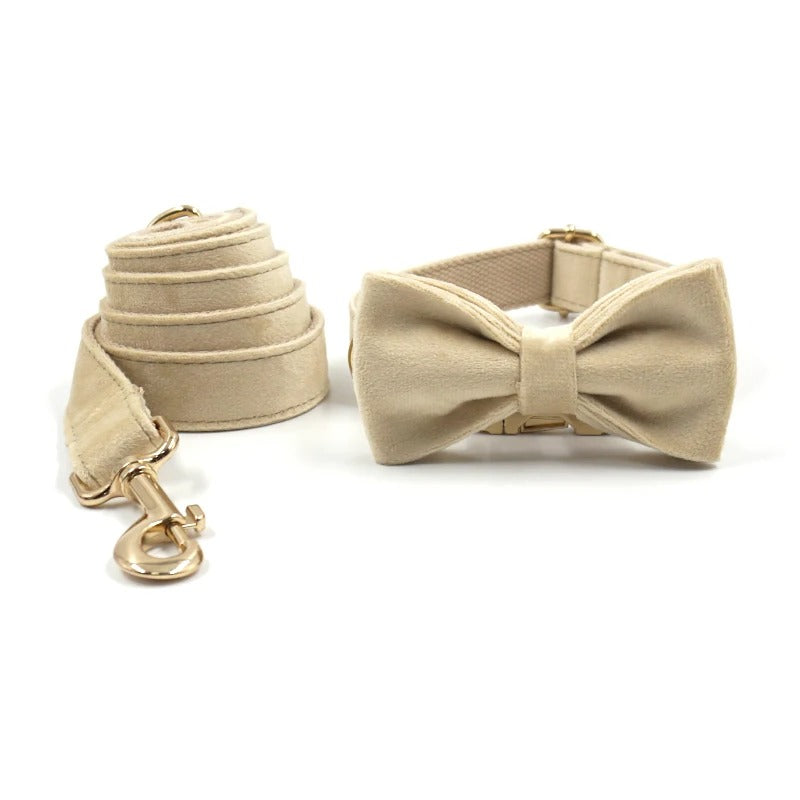 Luxury Beige Suade Harness Leash Set with Detachable Bowtie