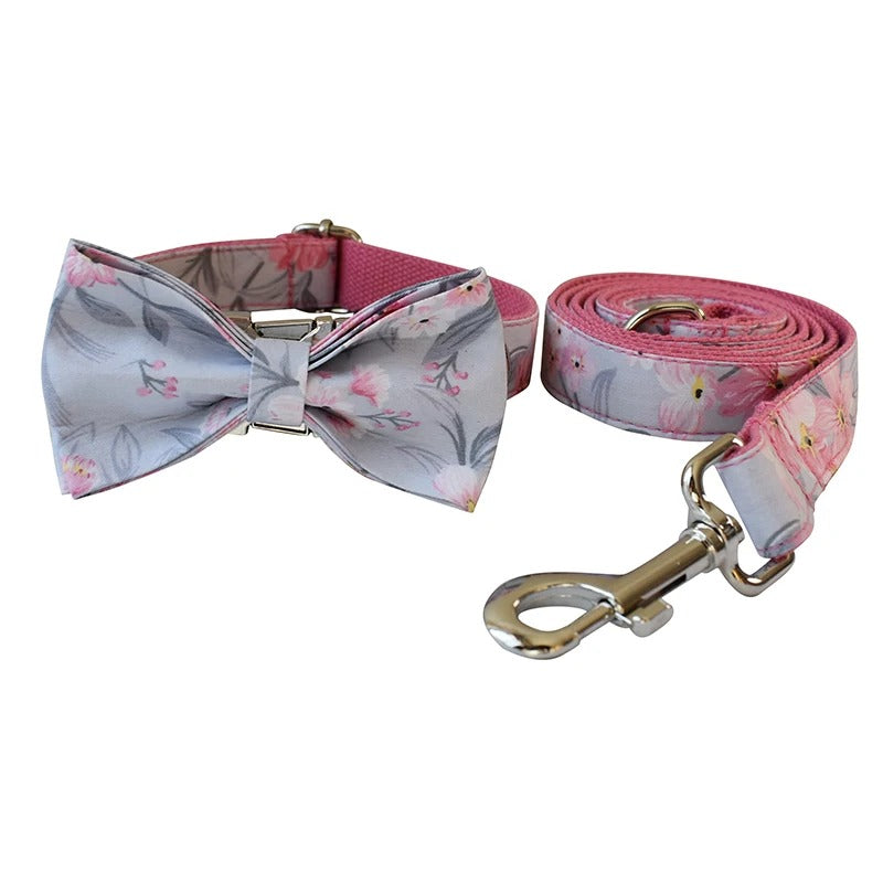 Lilac Pink Floral Collar with Detachable Bow Tie Personalized Leash Set