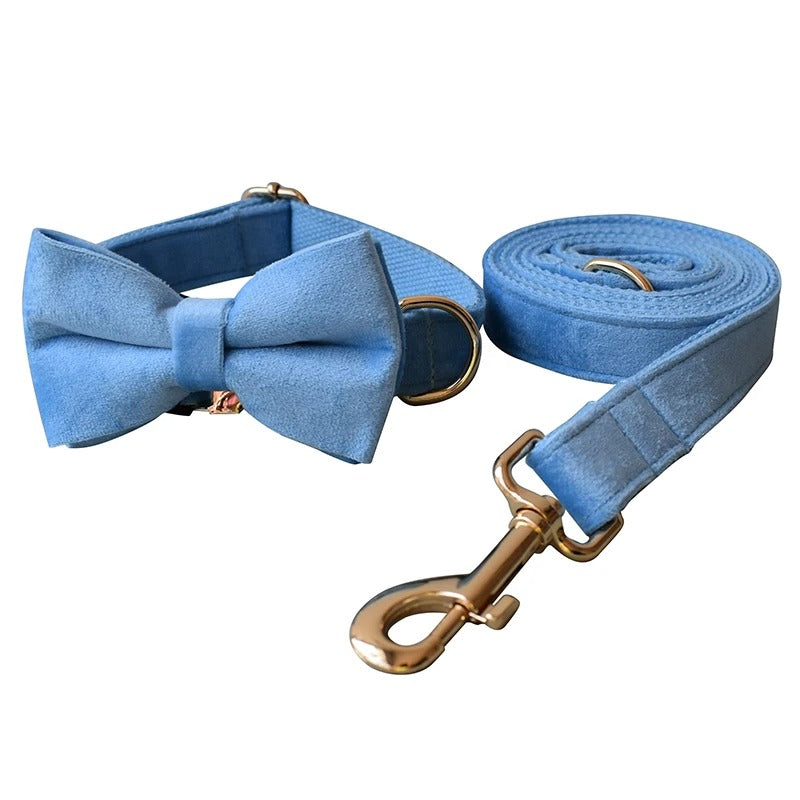 Cerulean Blue Velvet Collar with Detachable Bow Tie Personalized Leash Set