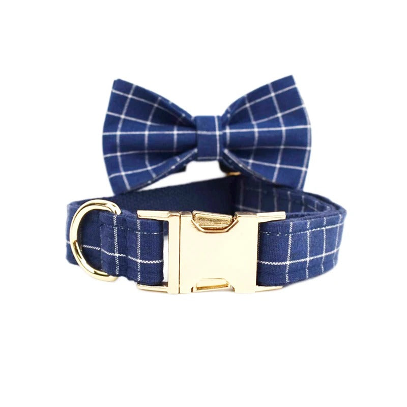 Dark Blue Checkered Harness Collar with Detachable Bow Tie Personalized Leash Set