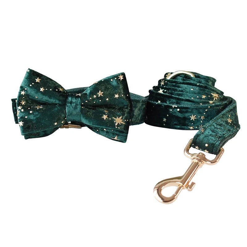 Starry Night Emerald Green Velvet with Detachable Bow Tie Personalized Leash Set