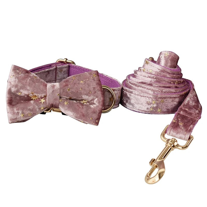 Starry Night Lilac Rose Collar with Detachable Bow Tie Personalized Leash Set