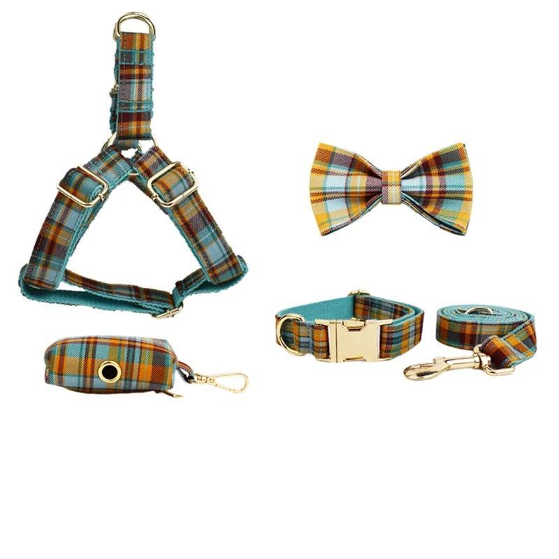 Tailored Checkered Pattern Harness and Leash Set with Personalized Engraving