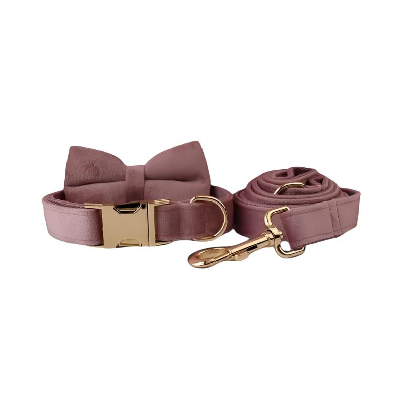 Blush Pink Velvet Collar with Detachable Bow Tie Personalized Leash Set