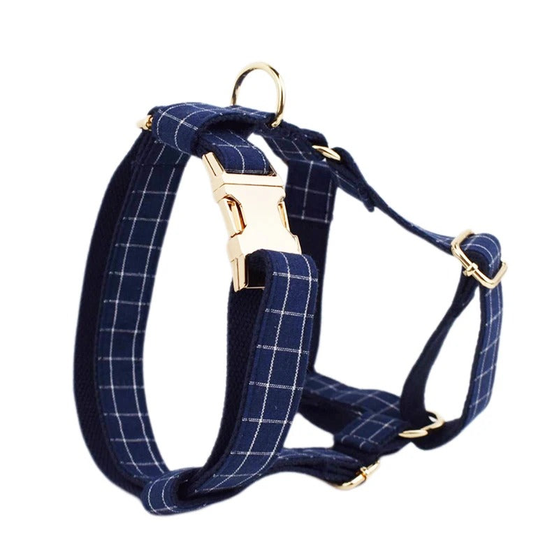 Dark Blue Checkered Harness Collar with Detachable Bow Tie Personalized Leash Set