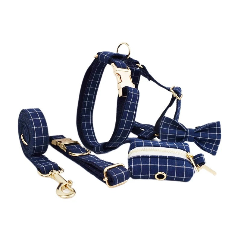 Dark Blue Checkered Harness Collar with Detachable Bow Tie Personalized Leash Set