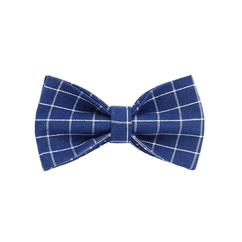 Dark Blue Checkered Harness Collar with Detachable Bow Tie Personalized Leash Set