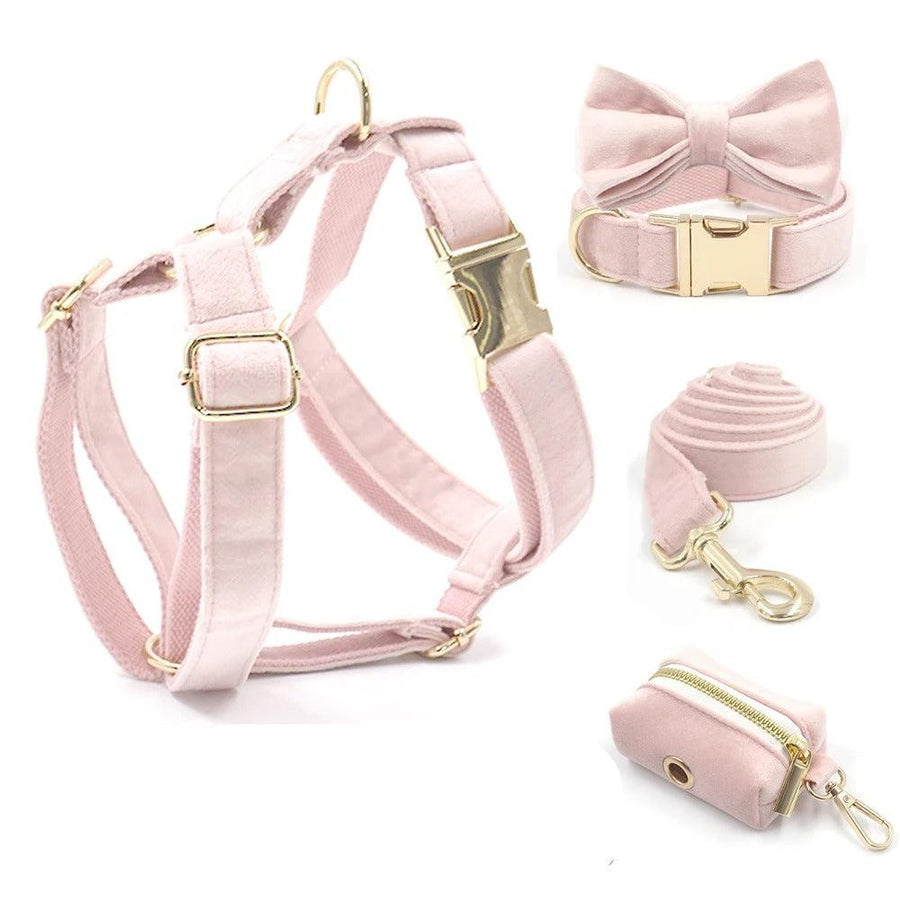 Luxury Pink Pastel Suade Harness Leash Set with Detachable  Bowtie