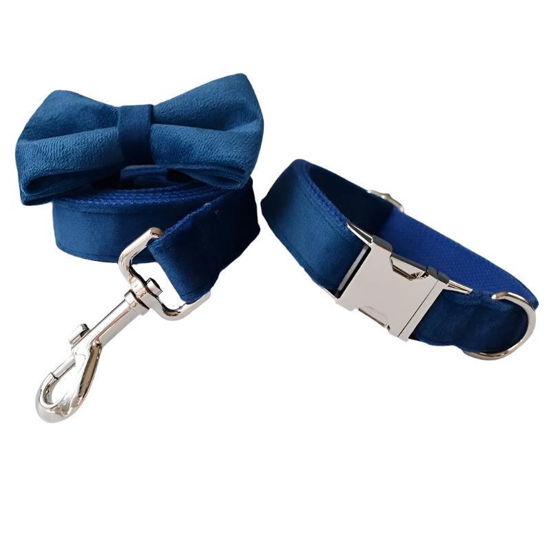 Sapphire Blue Velvet Collar with Detachable Bow Tie Personalized Leash Set